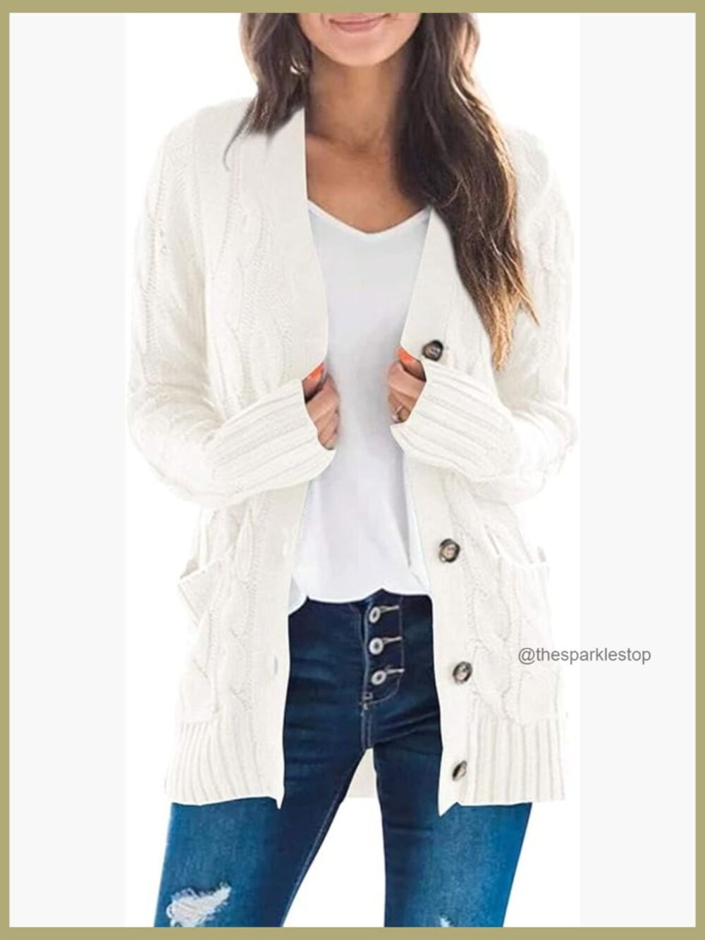 V-Neck Button Down Cable Knit Open Front Cardigan